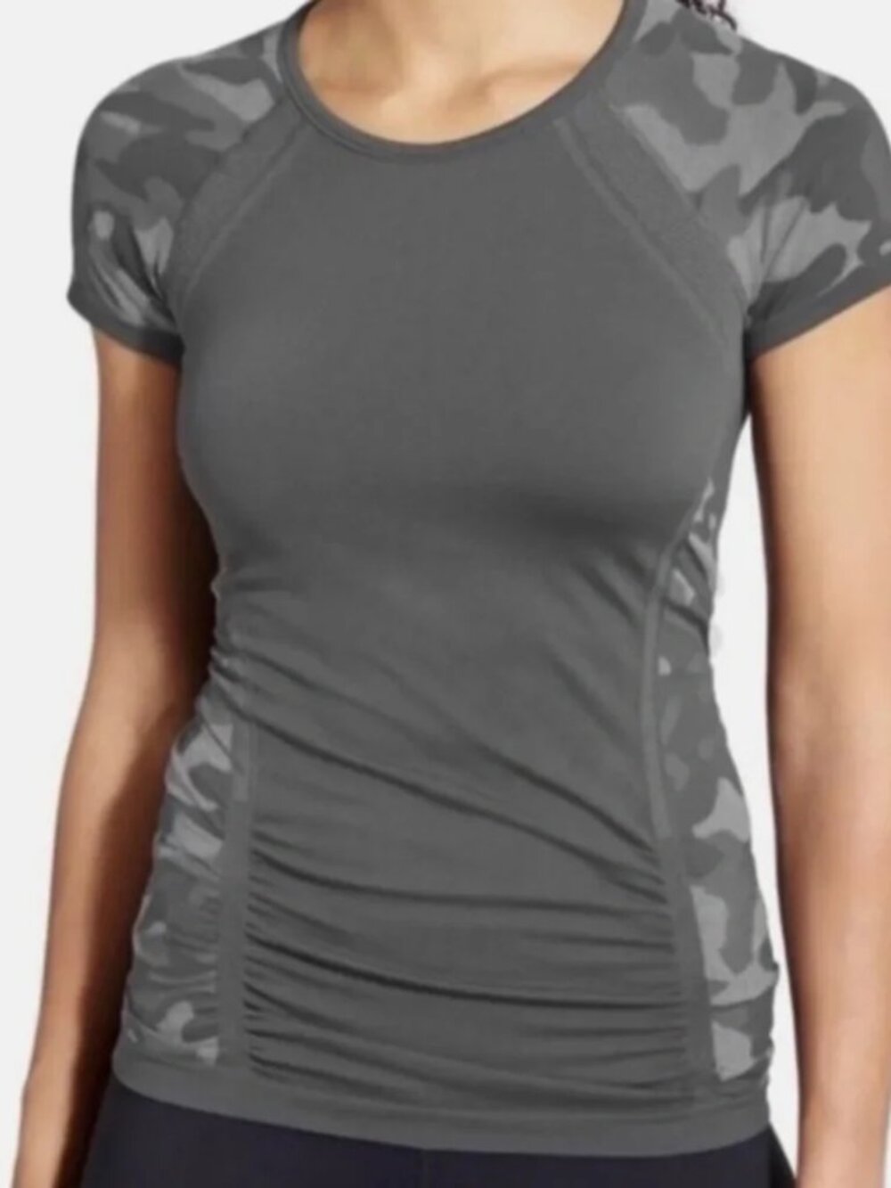 Athleta Fastest Track Gray Camo Short Sleeve Performance Tee